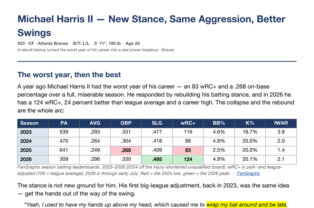 Chadwick packet page: Michael Harris II editorial scouting write-up
