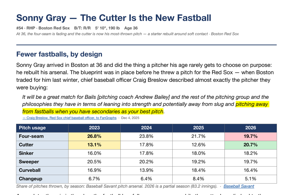 Chadwick packet page: Sonny Gray editorial scouting write-up with a rank-highlighted table