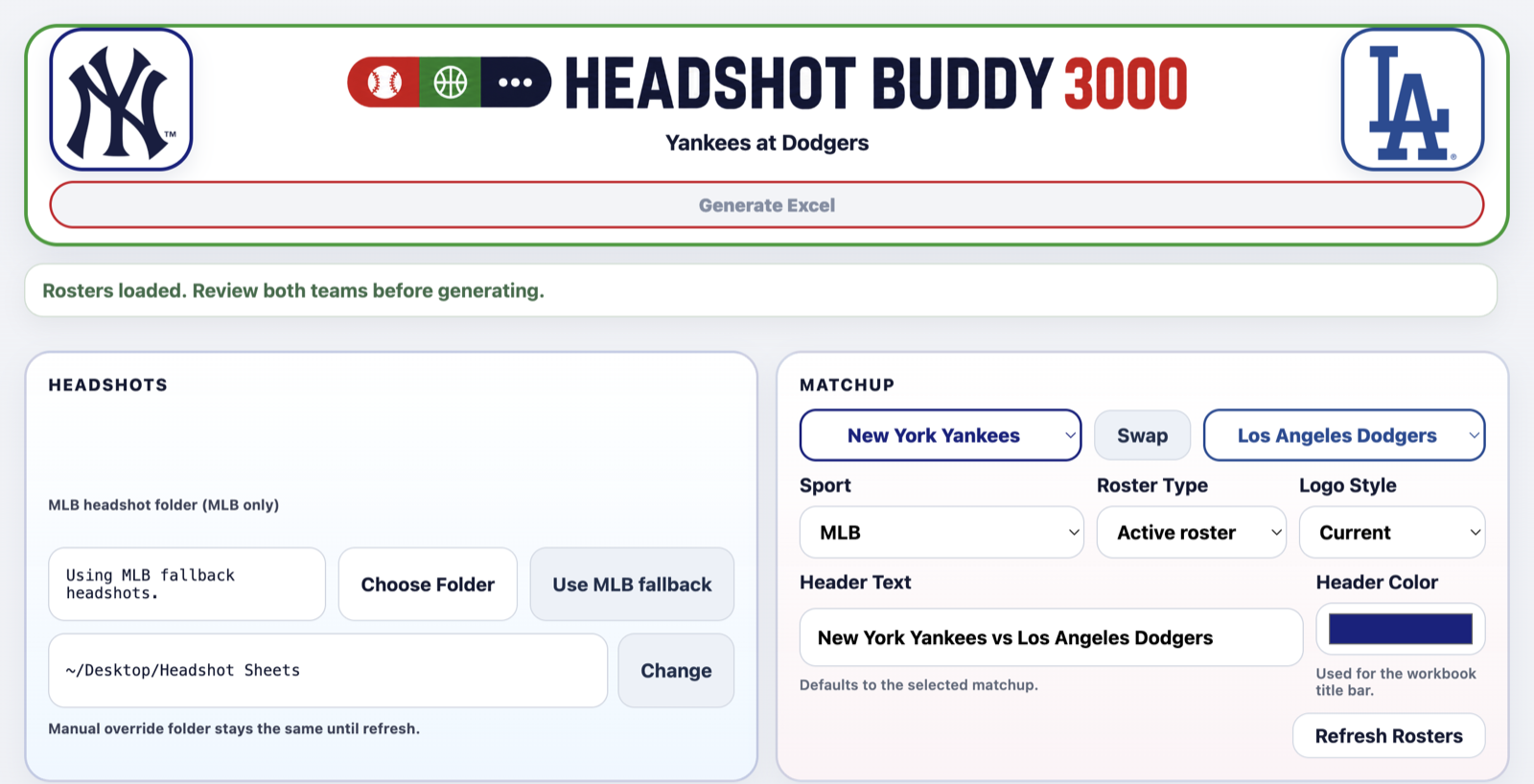 Headshot Buddy 3000 app showing a New York Yankees at Los Angeles Dodgers matchup with both rosters loaded and ready to export
